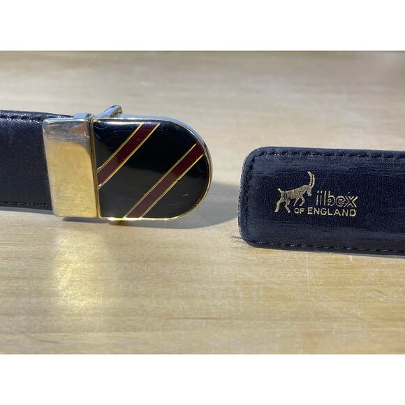 Vintage Ibex Brown Leather Belt Men's 46 Gold Enamel Striped Buckle Preppy Twee - Picture 4 of 9